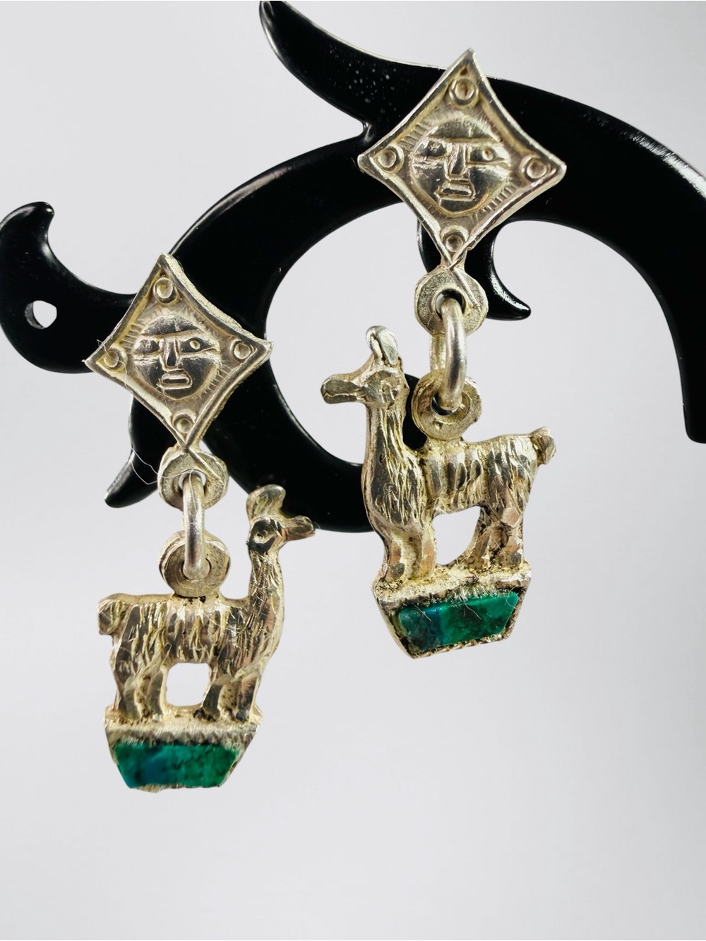 950 Silver Llama Alpaca Peruvian Chrysocolla Stud Drop Earrings Sun Face Tribal